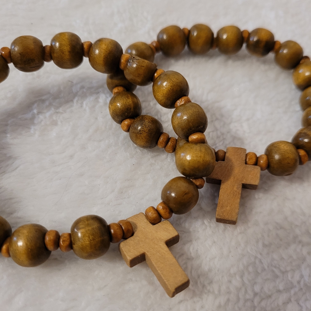 Rosary Bracelet Wood Light Brown Set of 2